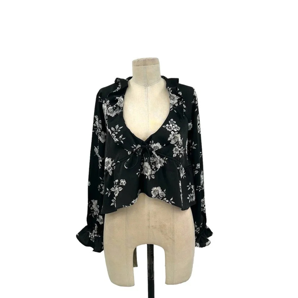 Donna Mizani Kiara Top Black Floral Print Ruffle Saint Blouse Size Medium